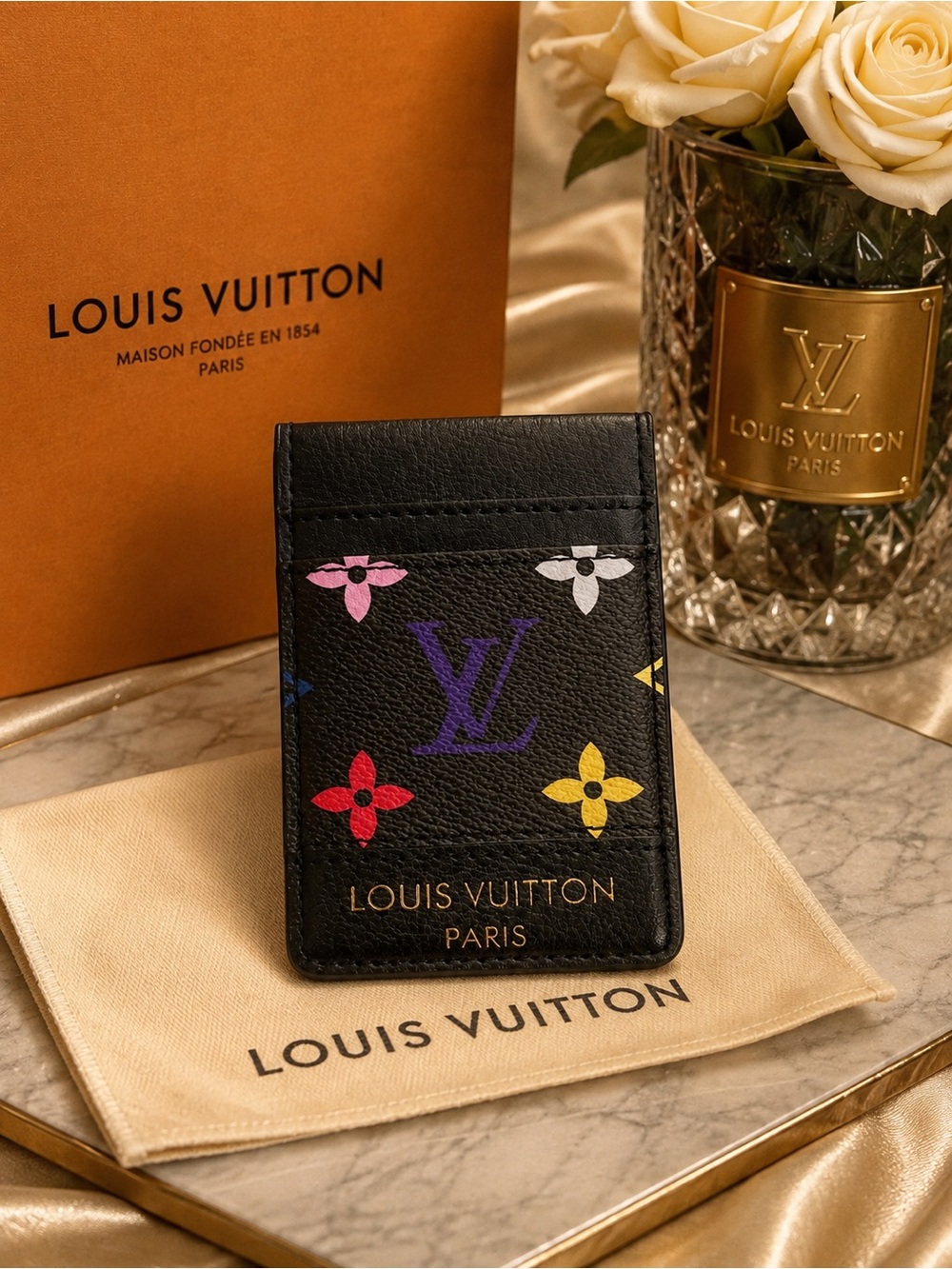 Luxury Black Multicolor Monogram Leather Card Holder with Mirror